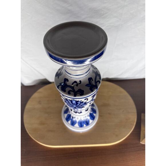 12 inch Hand Painted Blue and White Ceramic Candle Holder - Picture 2 of 7